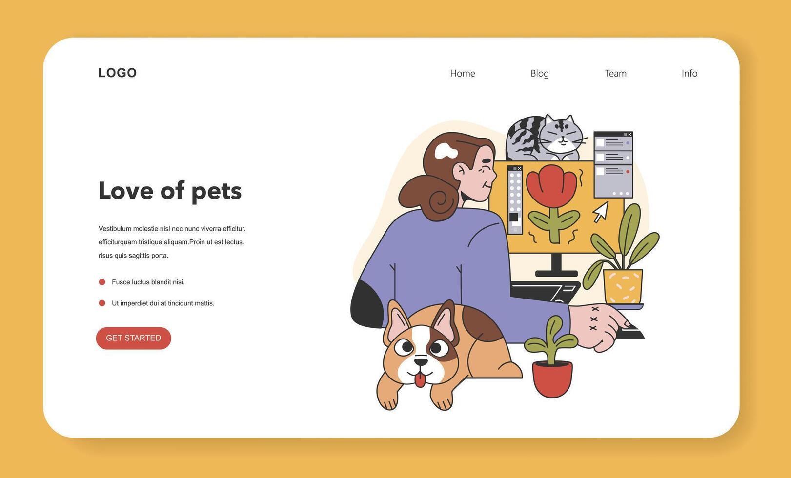 Character with her pets web banner or landing page. Happy woman, vector