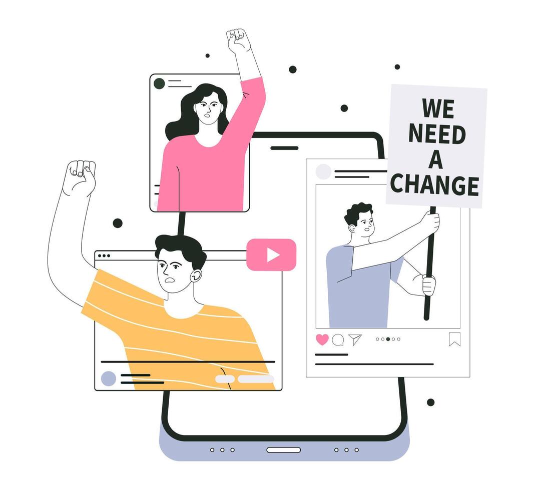 Online protest. People on smartphone screen protesting with banners. vector
