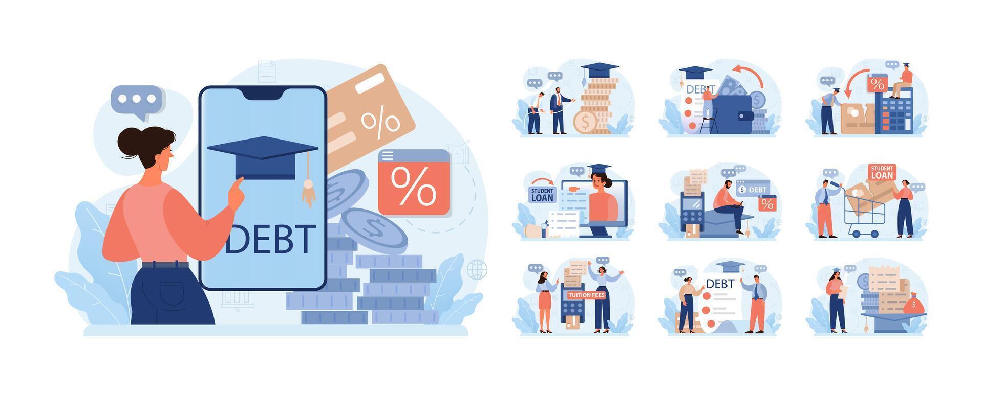 Student debt set. Young graduated character with a financial crisis. Expencive vector