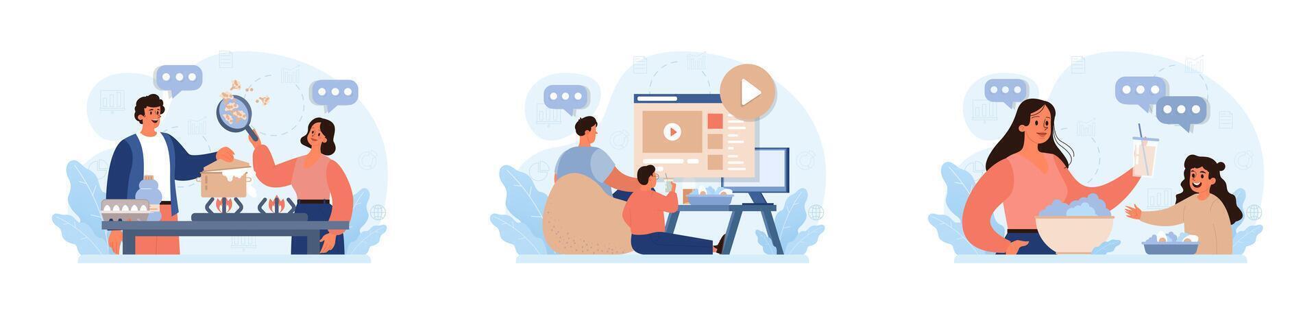 Hygge set. Happy people relaxing at home, family members leisure vector