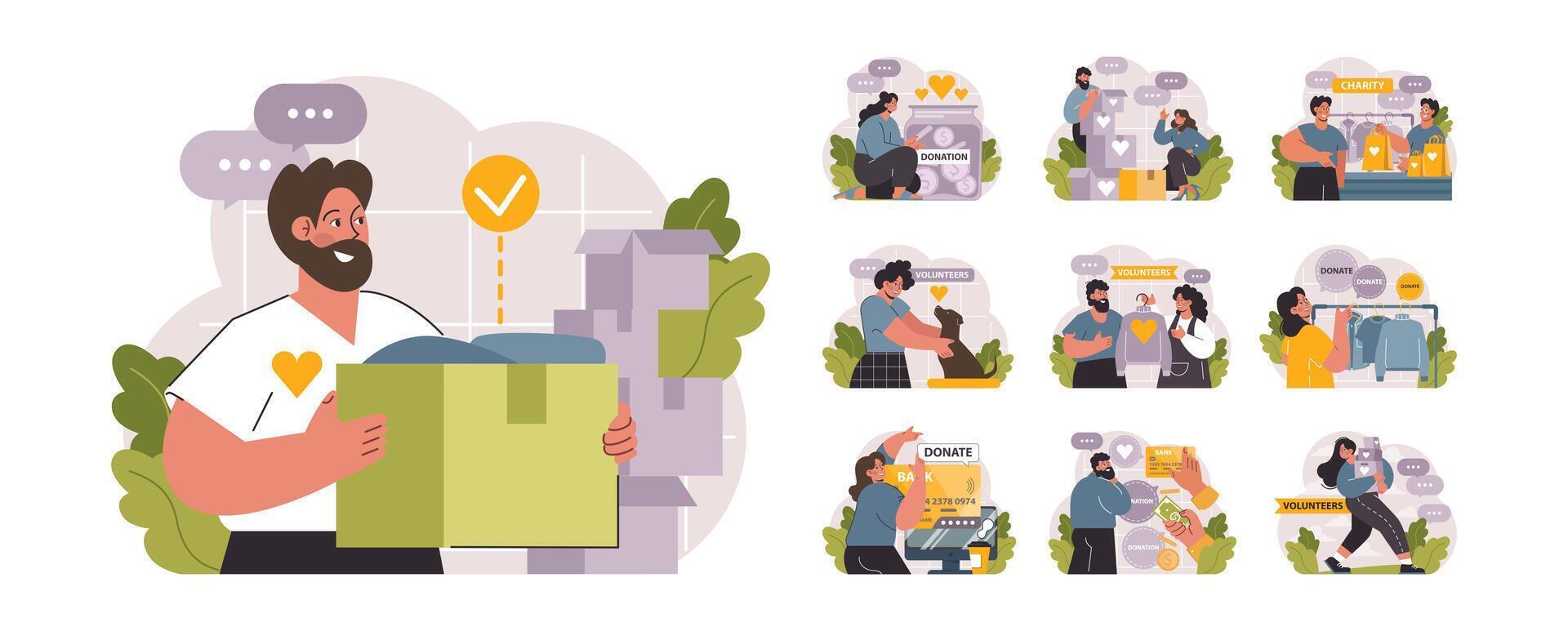 Charity set. Volunteers community take care of people in need. Idea of care vector