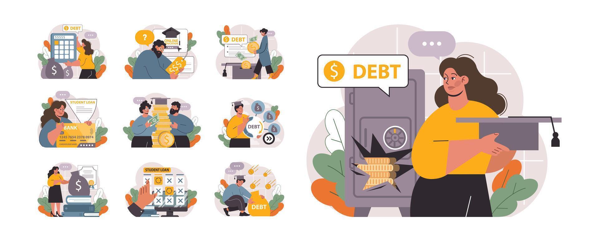 Student debt set. Young graduated character with a financial crisis. Expencive vector