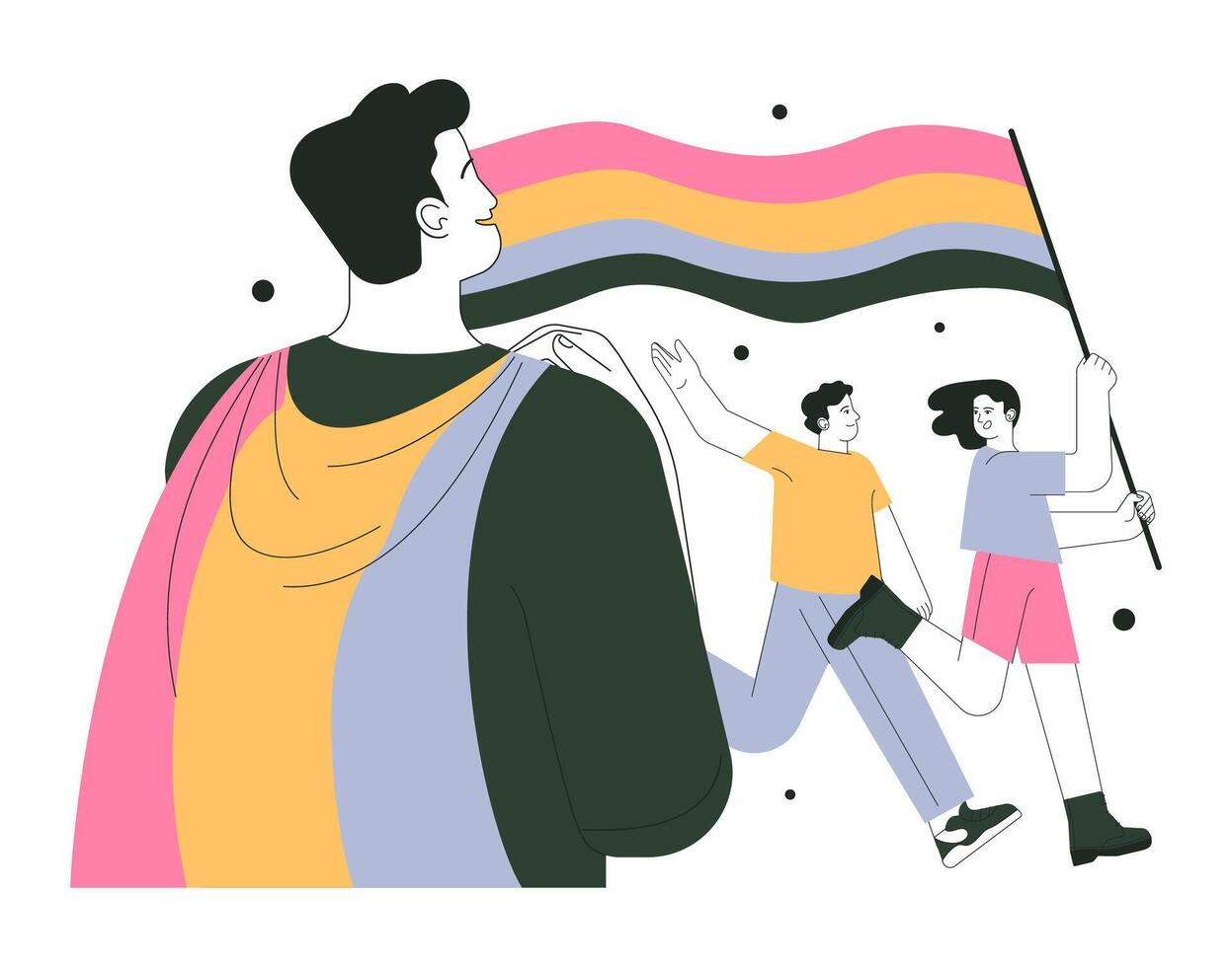 Pride parade. Smiling characters with rainbow flags celebrate pride month vector