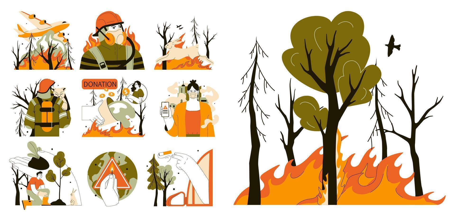 Wildfire set. Burning forest trees, dangerous and harmfull nature disaster. vector