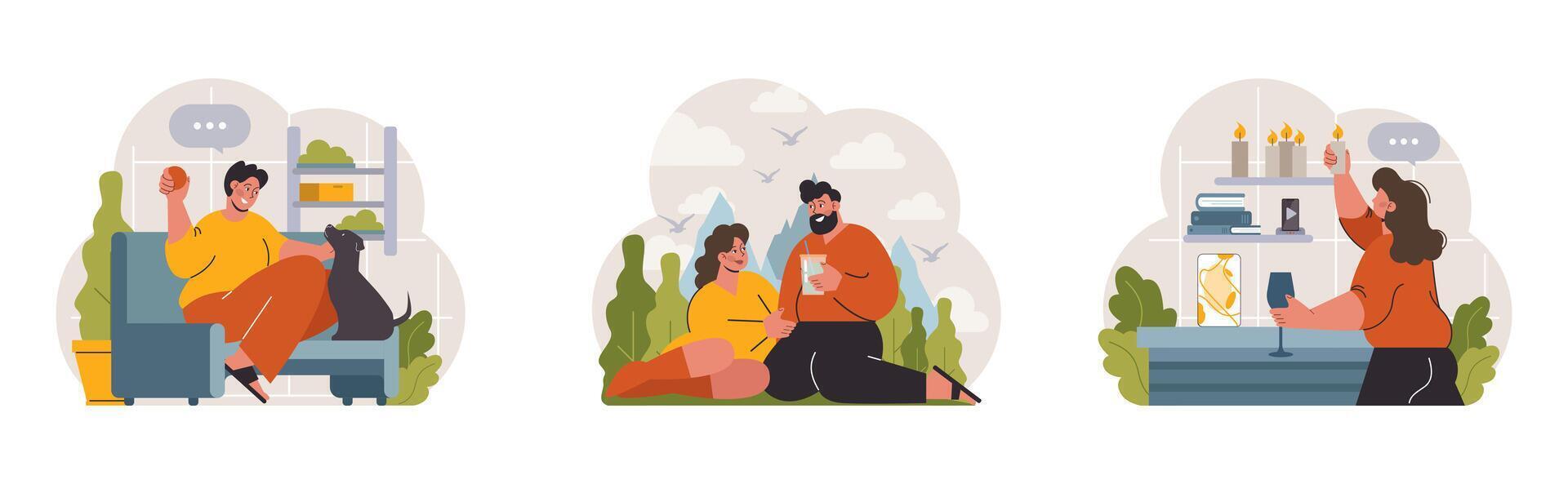 Hygge set. Happy people relaxing at home, family members leisure vector