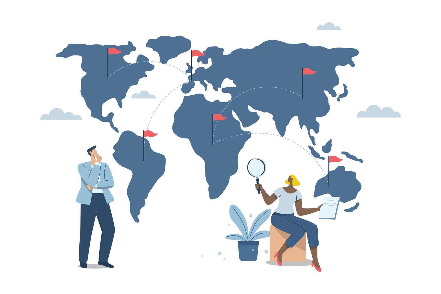 International business growth concept, Global expansion business concept, Franchises in new locations covering all continents, Global business growth. design illustration. vector