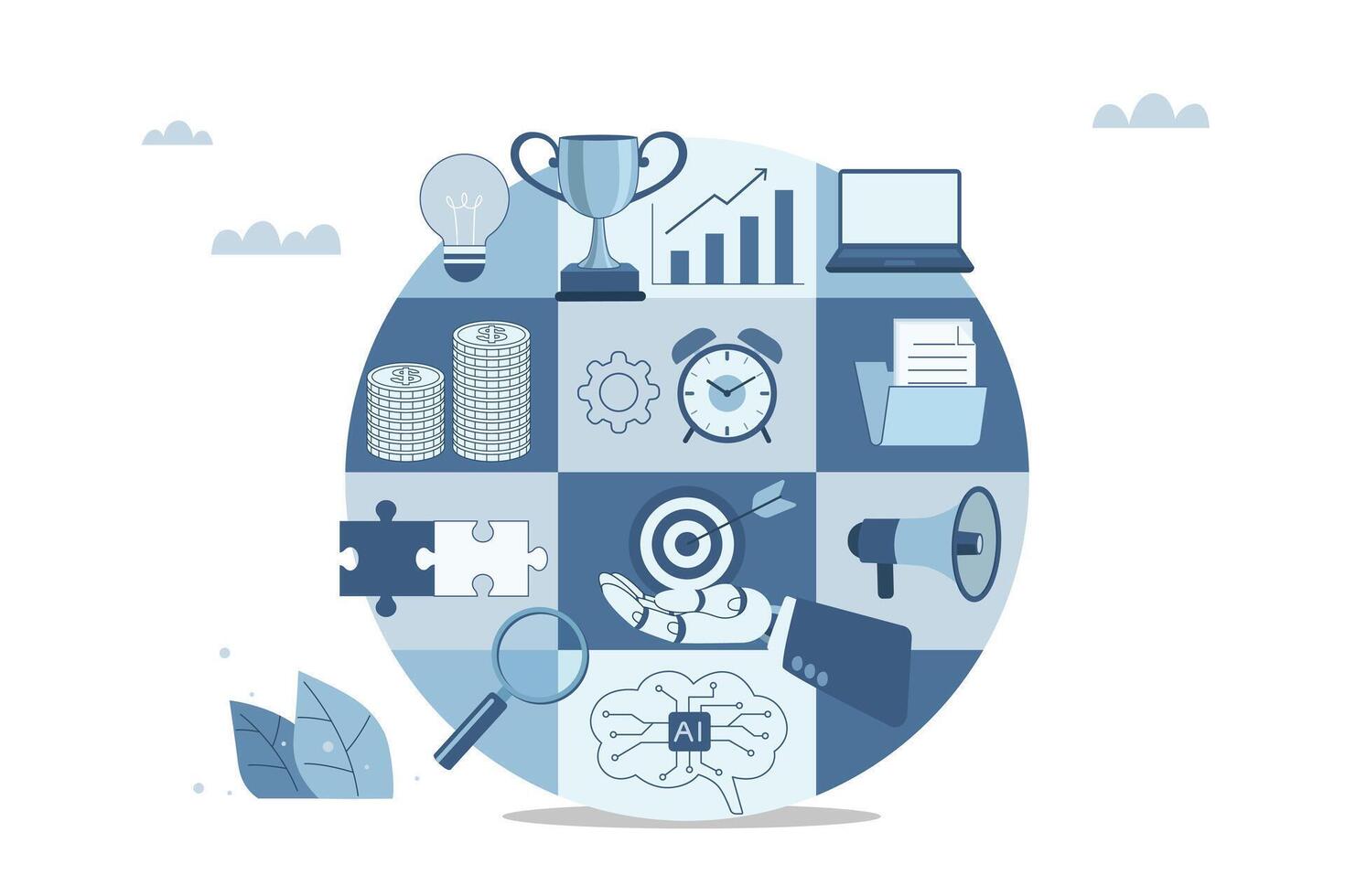 Business management and project development concept, Goal setting, AI support, Business organization and analysis, Business symbol design collection in circle isolated on white background. vector