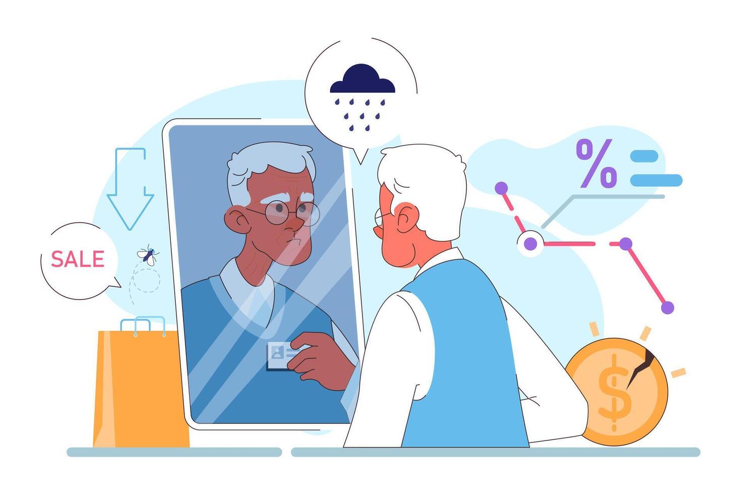 Senior unemployment. Elderly character missing his job after retirement vector