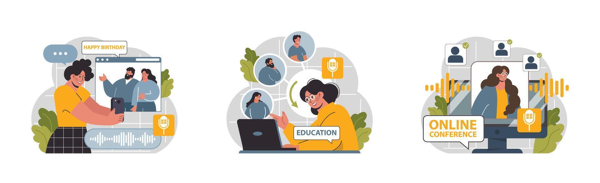 Virtual events set. Online education, conference, exhibition, friends vector