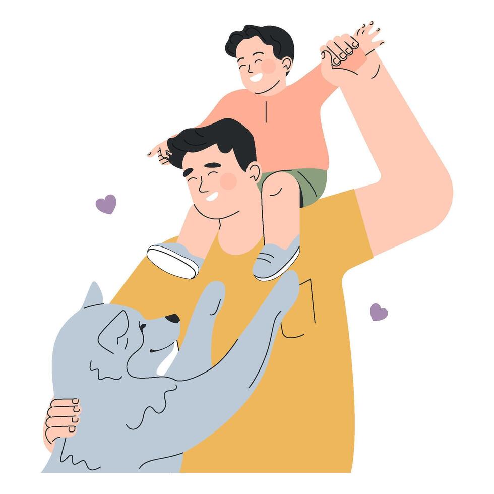 Family of single dad, little son and a dog. Happy man with a kid vector