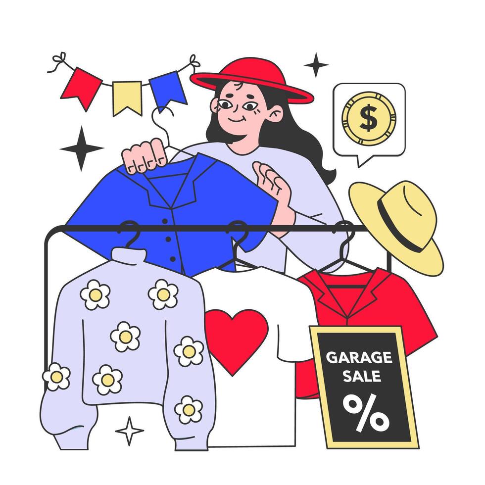 Shopping at garage sale. Flea market customer. Reuse and giving a second life vector