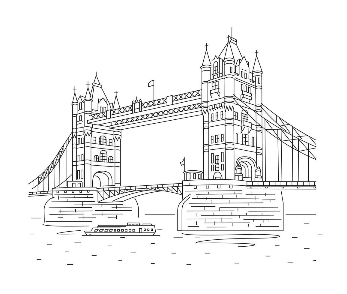 Tower Bridge, illustration, line style. London Attractions. vector