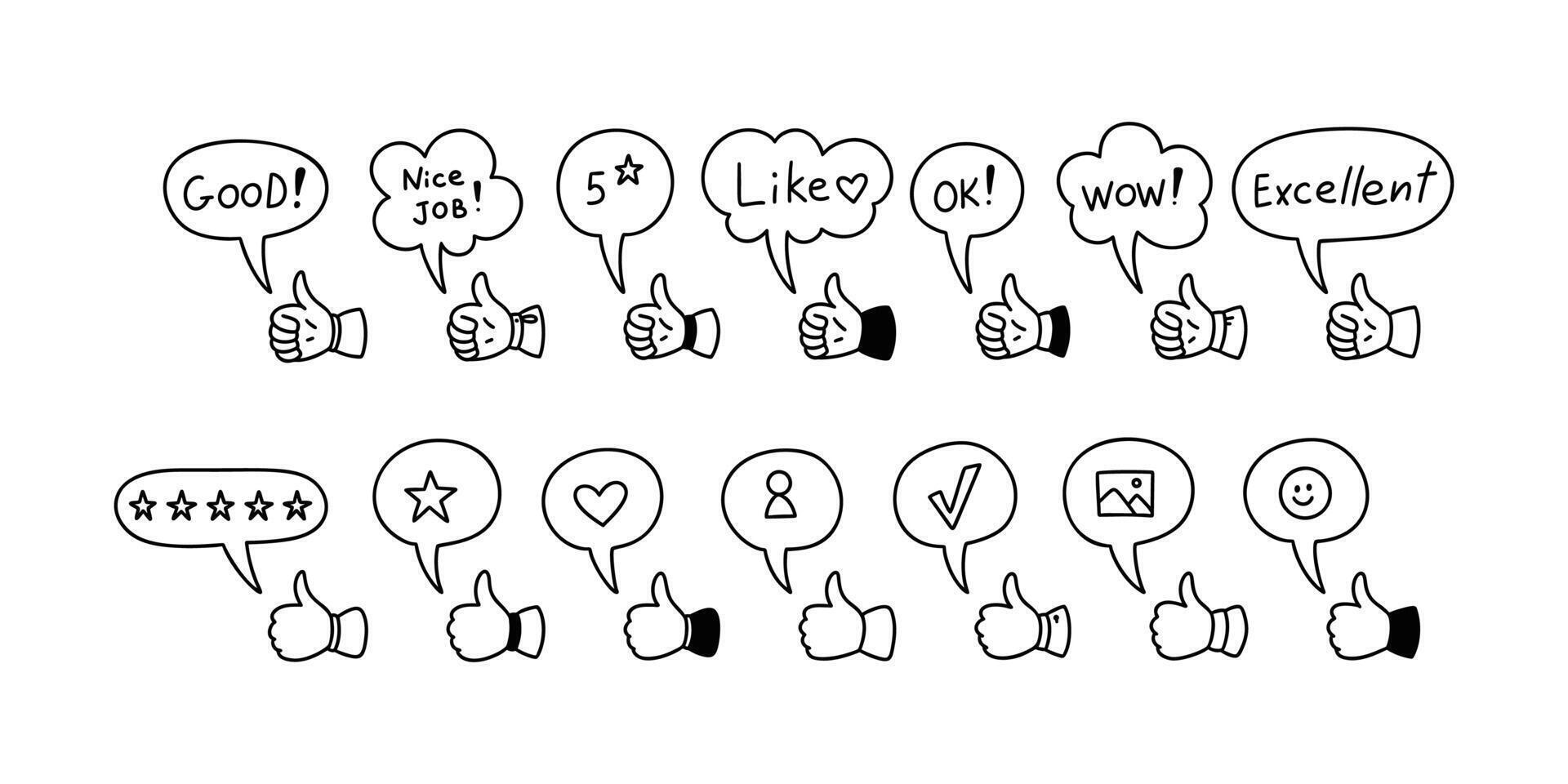 Positive expressions speech bubbles. Thumb up cute line doodle icon. Nice job, excellent, five star rate, wow, ok, like text. Social media post evaluation. Followers emotions vector