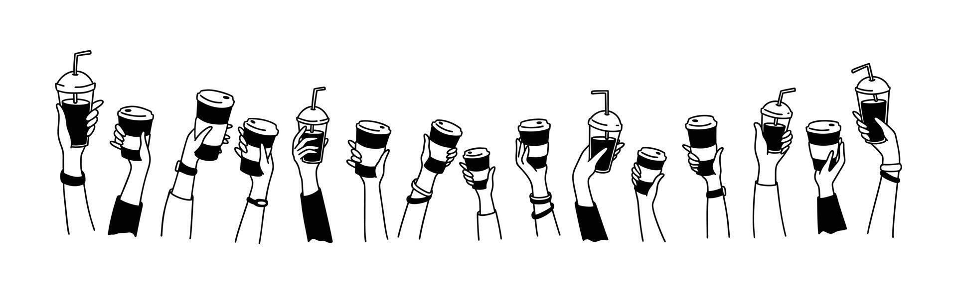 Raising hands up with coffee. Cute line doodle. Different types and size hot drinks. Group of people, men and women in the morning at breakfast. Friendship and team building vector