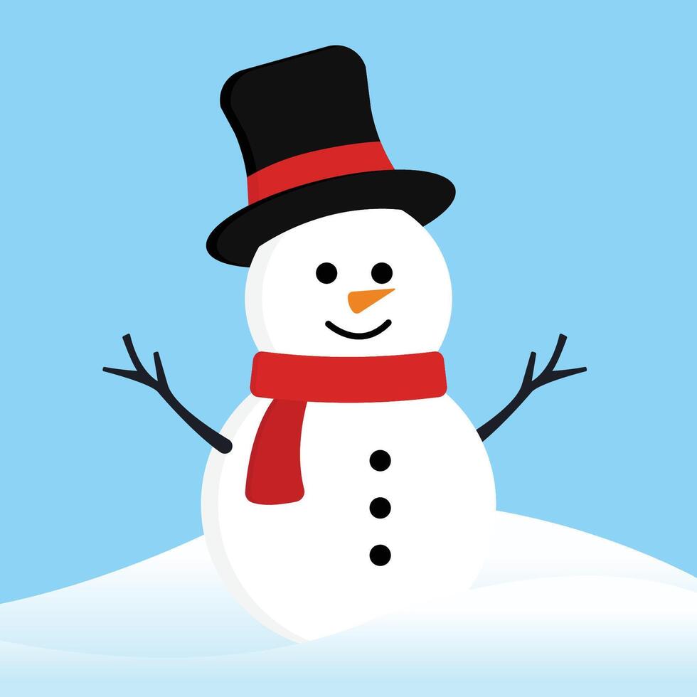 Smile White Snow Man with Twig Hand Up Wearing Black Red Hat and Red Scarf Winter on Blue Background vector