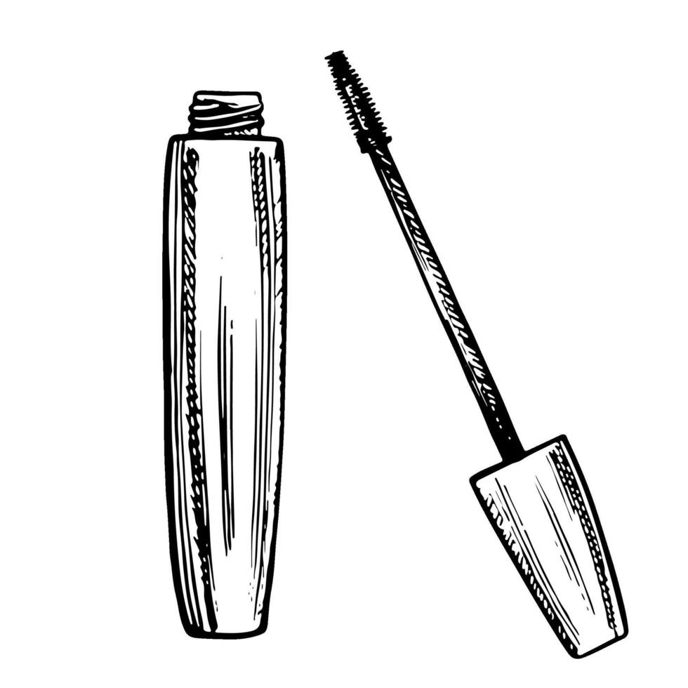 Mascara with a brush. A black and white illustration made by hand. The design element is beauty and fashion. Isolate on a white background. For packages, labels and flyers, posters and banners. vector