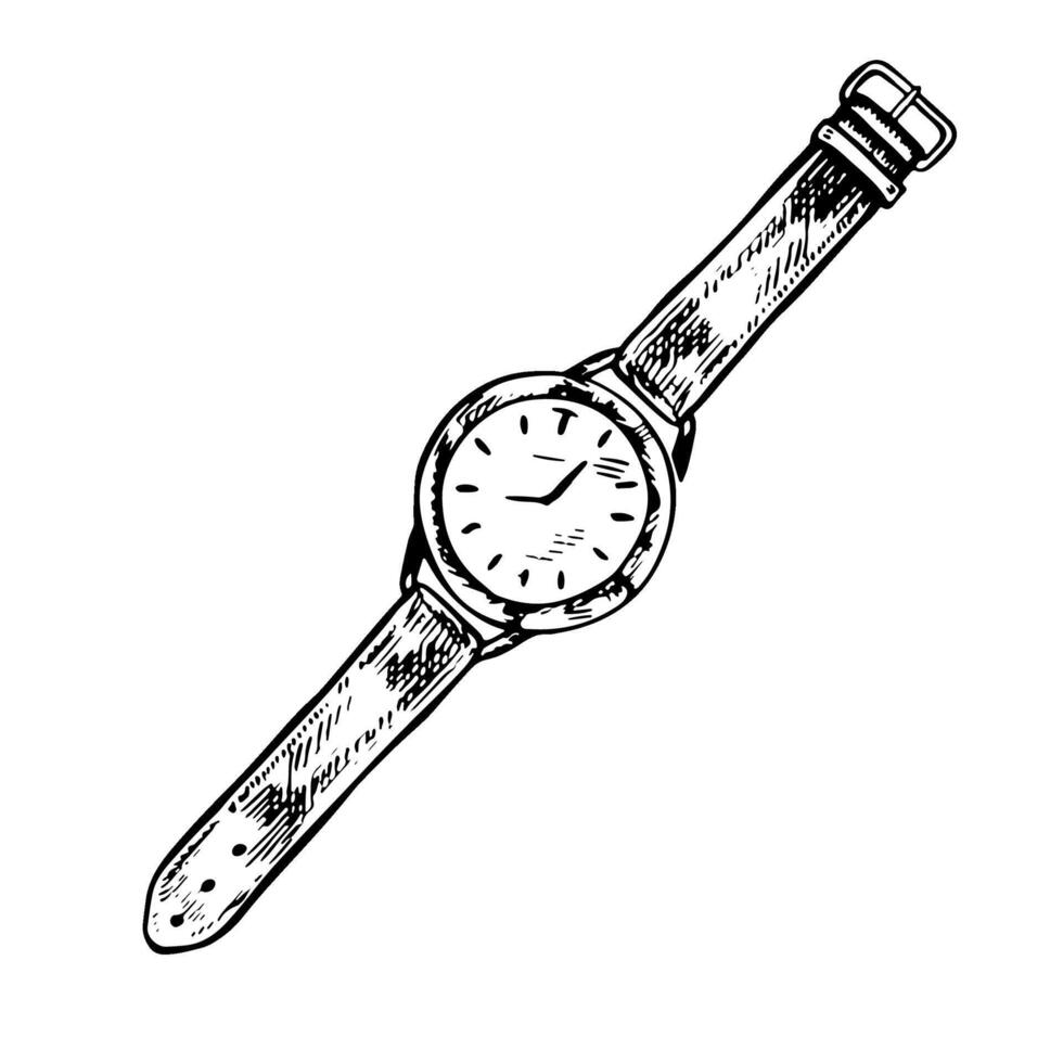 Watch. A black and white graphic illustration made by hand. They stand out on a white background. A wristwatch with a strap. An element of the design of banners, flyers, posters and packages. vector