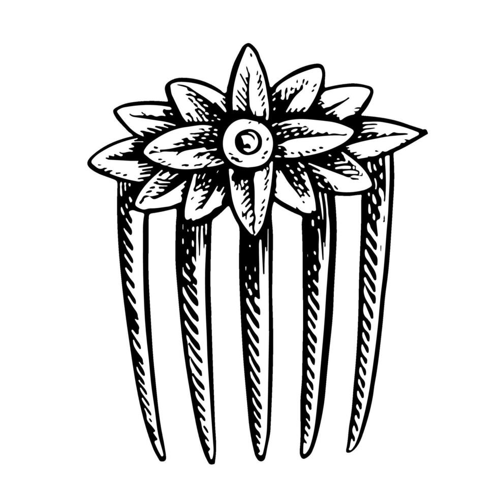 A hairpin comb decorated with petals. A black and white illustration made by hand. An element of beauty and fashion design. Isolate on a white background. For packages, labels and flyers. vector