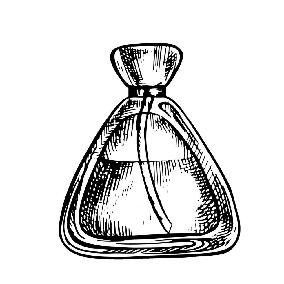 A perfume bottle made of transparent glass. Beauty and fashion. A black and white illustration made by hand. A design element. Isolate on a white background. For packages, labels and flyers. vector