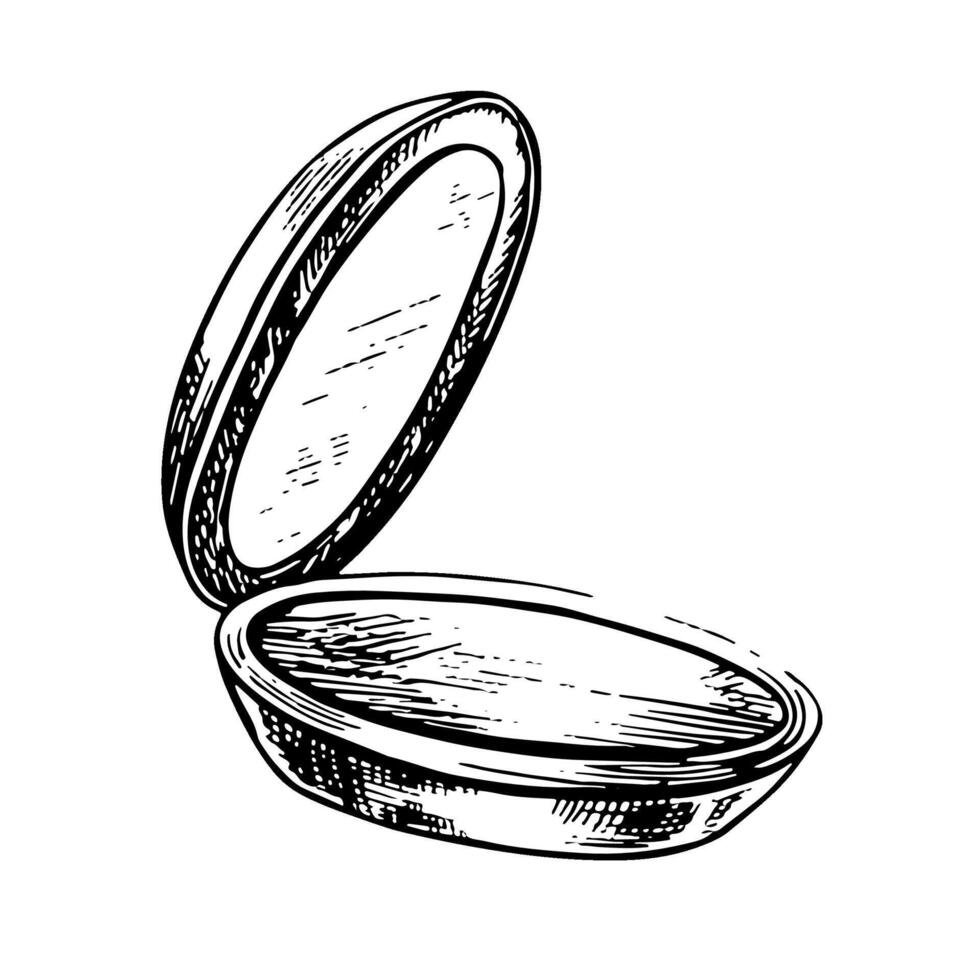 Cosmetic powder with a mirror. A compact. Black and white graphics made by hand. Isolate on a white background. An element of the design of a flyer, banner and poster, packaging and labels. vector