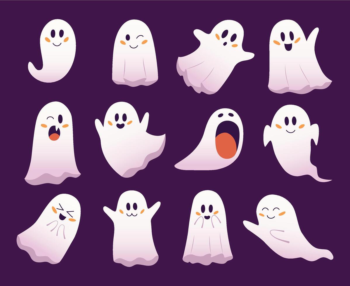 Set of cartoon ghosts with various facial expressions on a dark purple background vector