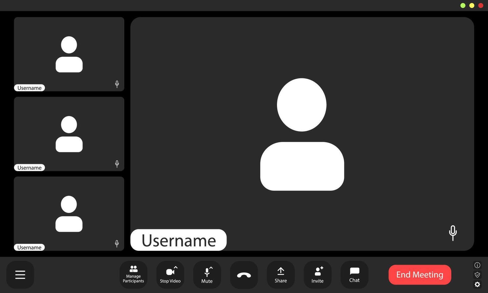 Empty call interface with participant icons and muted audio controls during an online meeting session. vector
