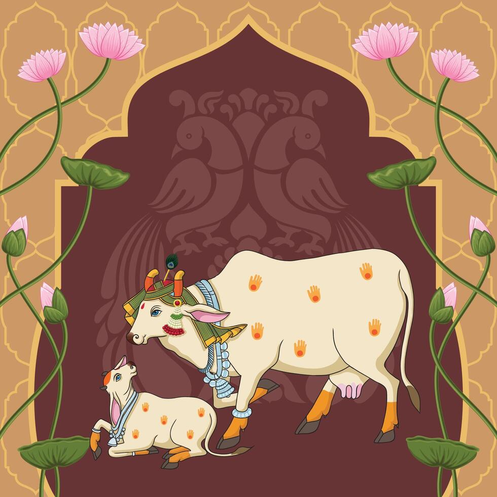 Indian Rajasthani Miniature art work Pichwai cow and calf vector
