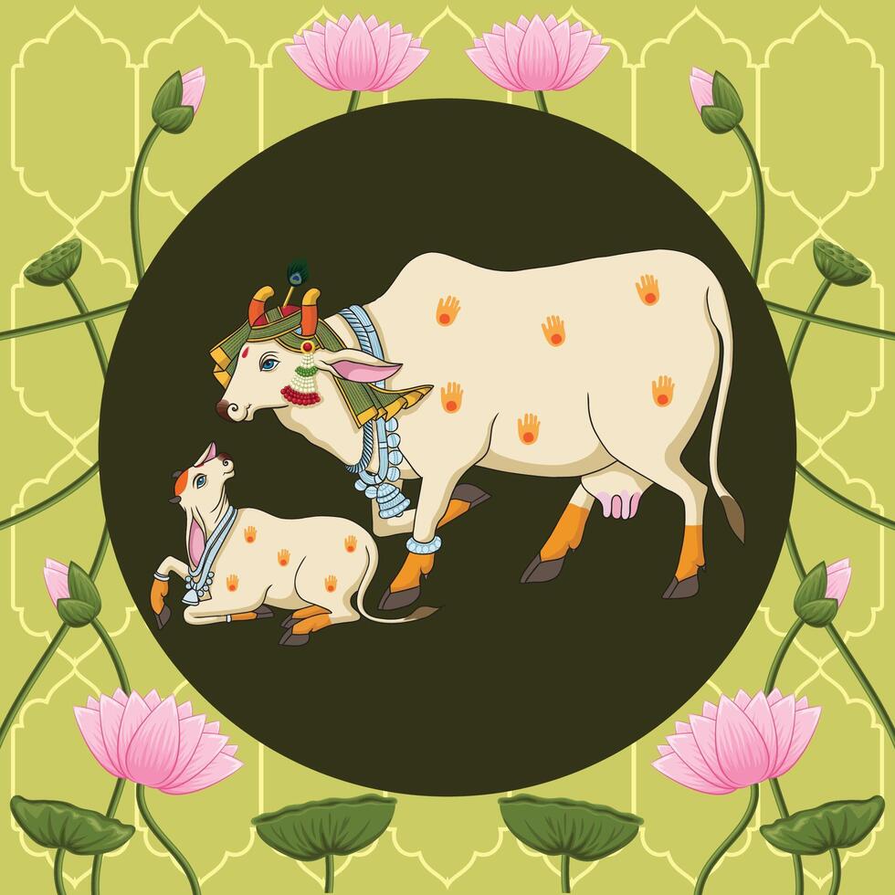 Indian Rajasthani Miniature art work Pichwai cow and calf in round vector