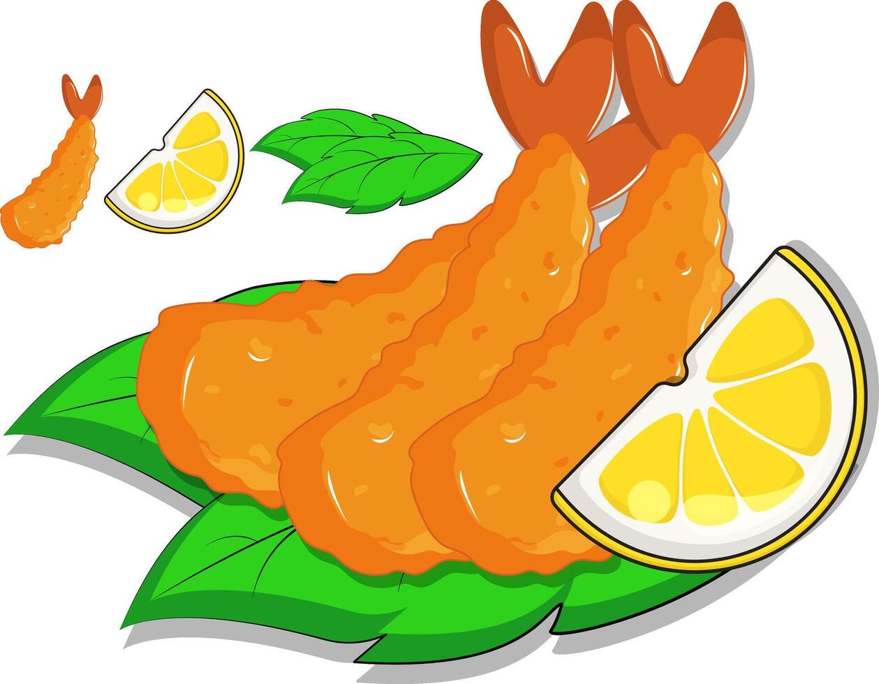 cartoon shrimp with lemon slices and leaves vector