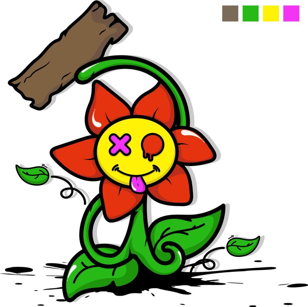 a cartoon flower with a wooden stick and a flower vector