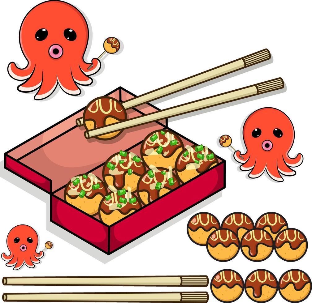 a box with chopsticks and an octopus vector