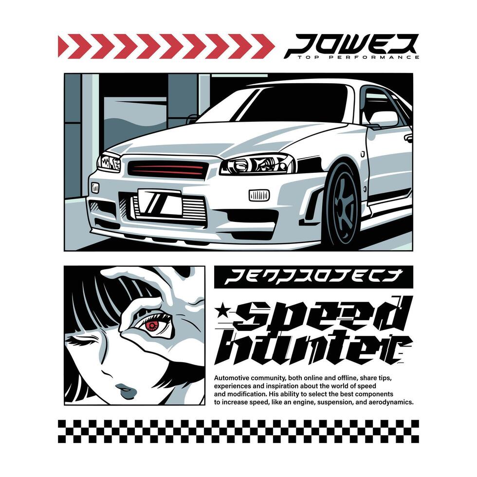 car design illustration, speed hunter with female character vector