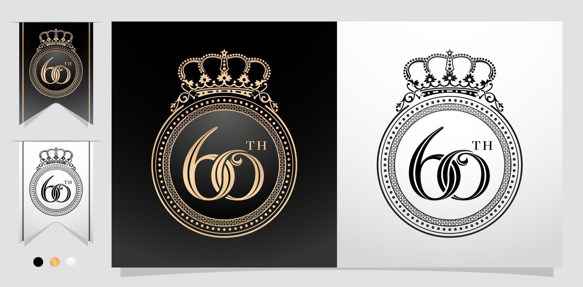illustration of 60th with circle frame and crown. Ellipse Frame element with color gold isolated background, for letterpress, embroidery, invitation wedding anniversary, greeting card, and sign label vector