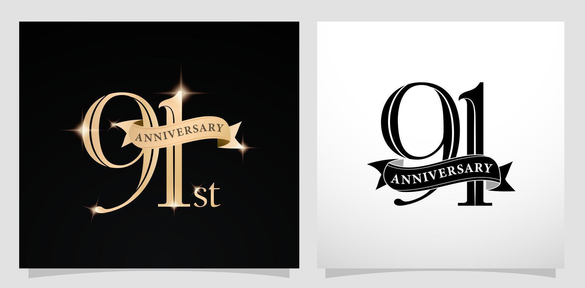 illustration of 91st anniversary with ribbon, isolated black and white backgrounds. applicable for greeting cards, invitation, Wedding anniversary , banner and celebration company or business vector