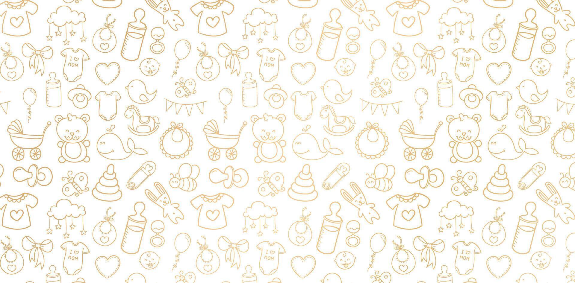 seamless pattern with cute hand drawn doodle elements golden colors isolated white backgrounds for baby shower invitation, baby girl and baby boys fabric printing, patterned fills, webs pages childish vector