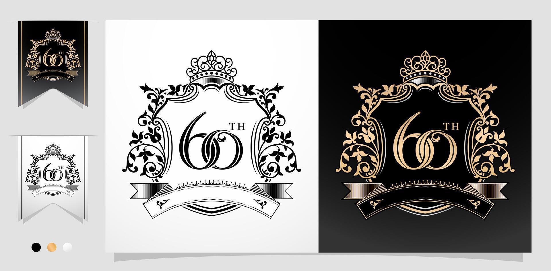 illustration of 60th anniversary symbol with royal crown design emblems, two variation gold and monochrome design isolated black and white backgrounds. applicable for greeting cards, invitation etc. vector