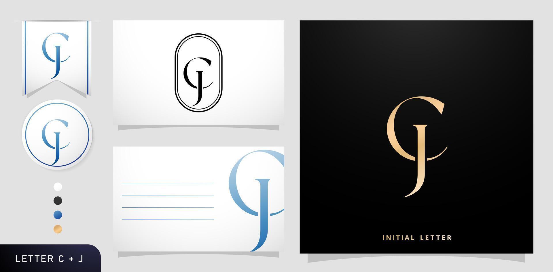 a set of business cards with the letter CJ Luxury Initials Letters C and J Logos Designs in Blue Colors for branding ads campaigns, letterpress, embroidery, covering invitations, envelope sign symbols vector
