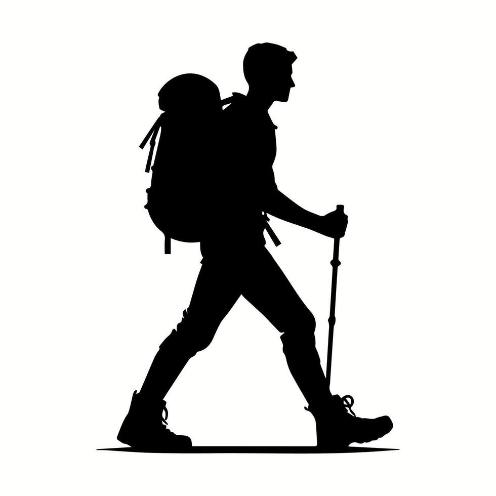 Hiker Silhouette Walking with Walking Stick on Rocky Peak for Custom T Shirt Art vector