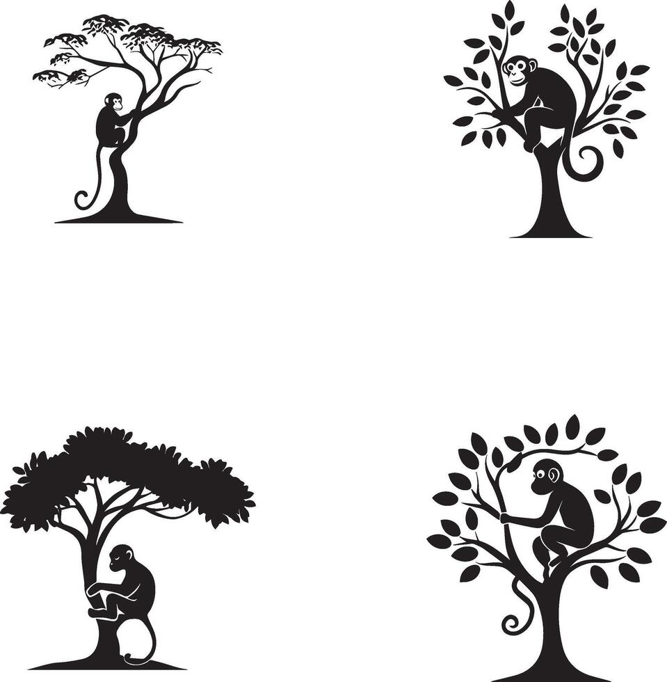 Monkey playing on tree black silhouette vector