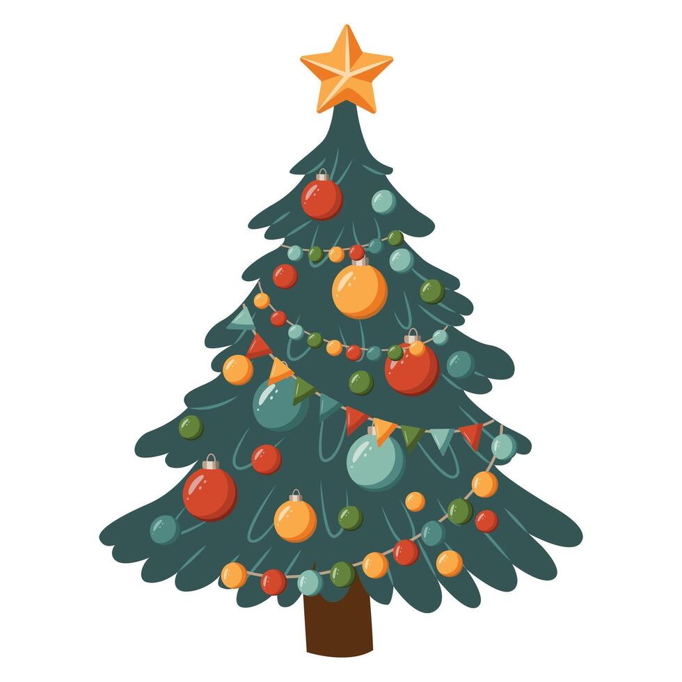 Christmas tree with many decorations and a star on top. The illustration is festive and joyful. vector