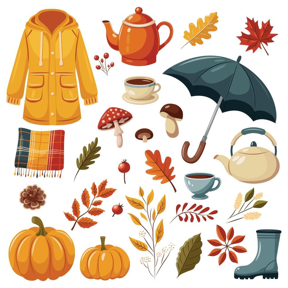 A collection of autumn items including a yellow jacket, umbrella, tea set, mushrooms and leaves. vector