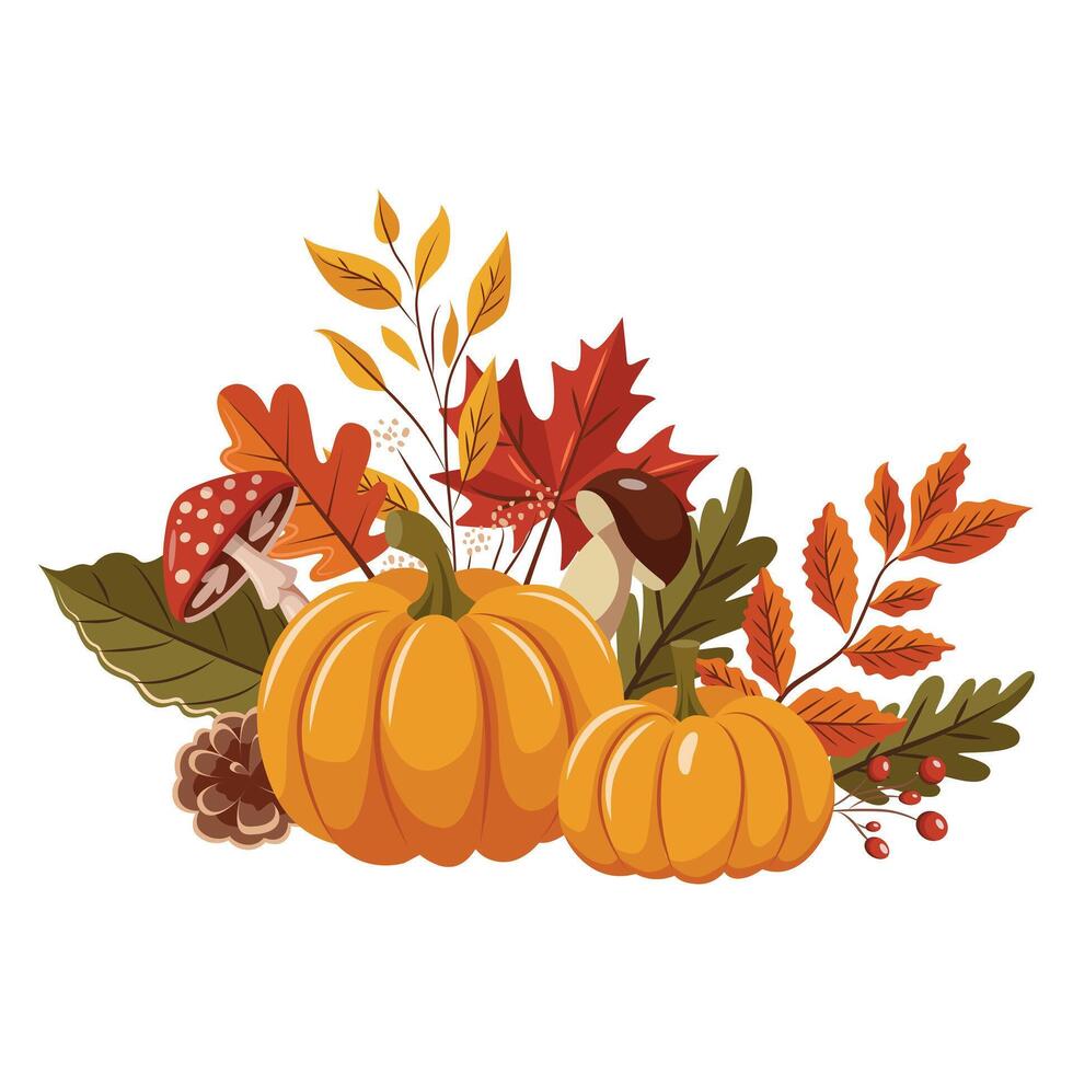 illustration on an autumn theme. Ripe pumpkins, mushrooms and leaves. Thanksgiving Day. Halloween. vector
