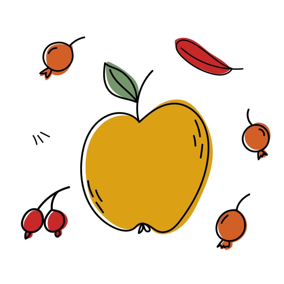 An exquisite and colorful illustration of an apple accompanied by vibrant berries and lush leaves vector