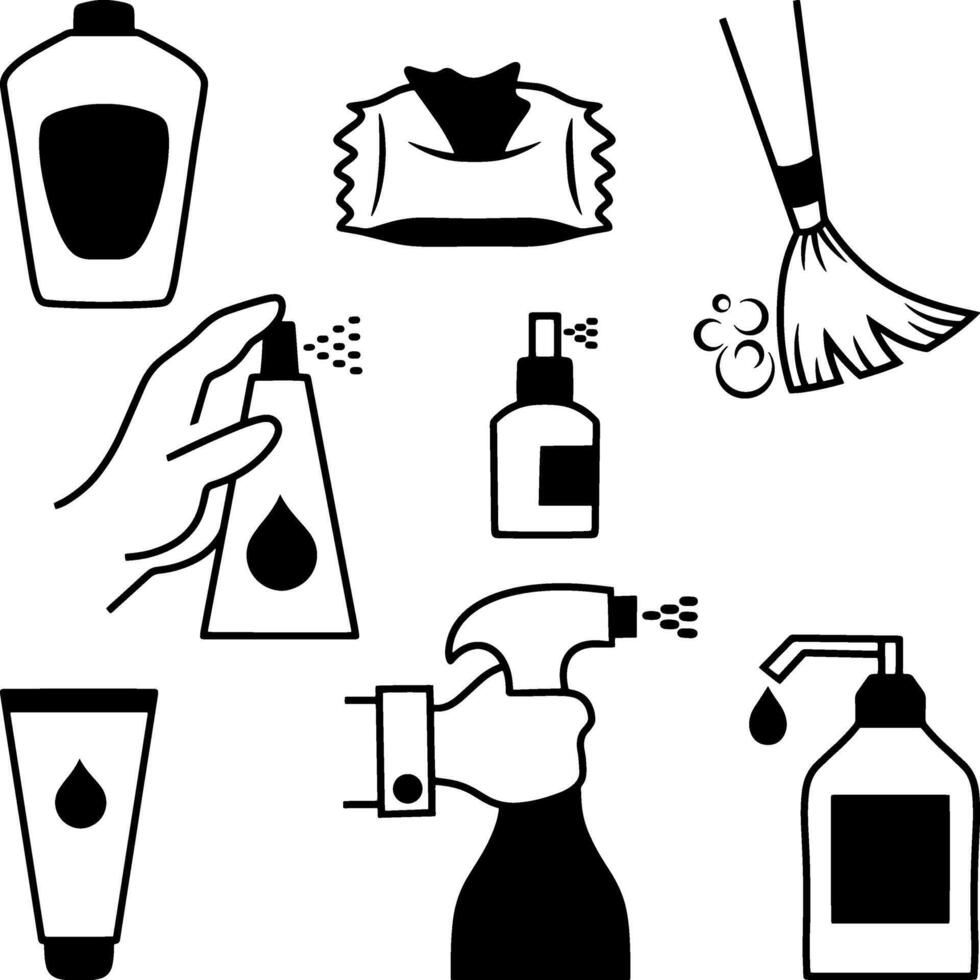 Doodle cleaning set clipart. Icon collection vector
