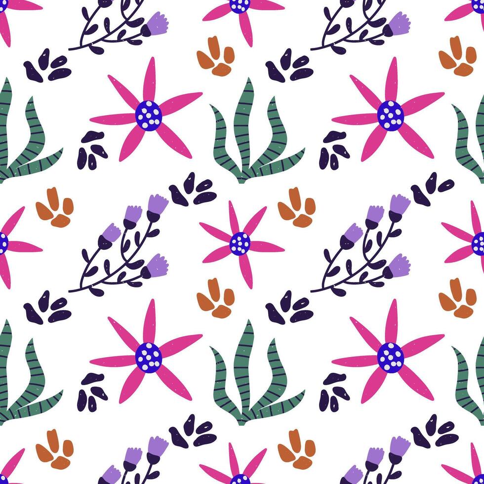 Boho flower with leaves seamless pattern Hand drawn colored background vector