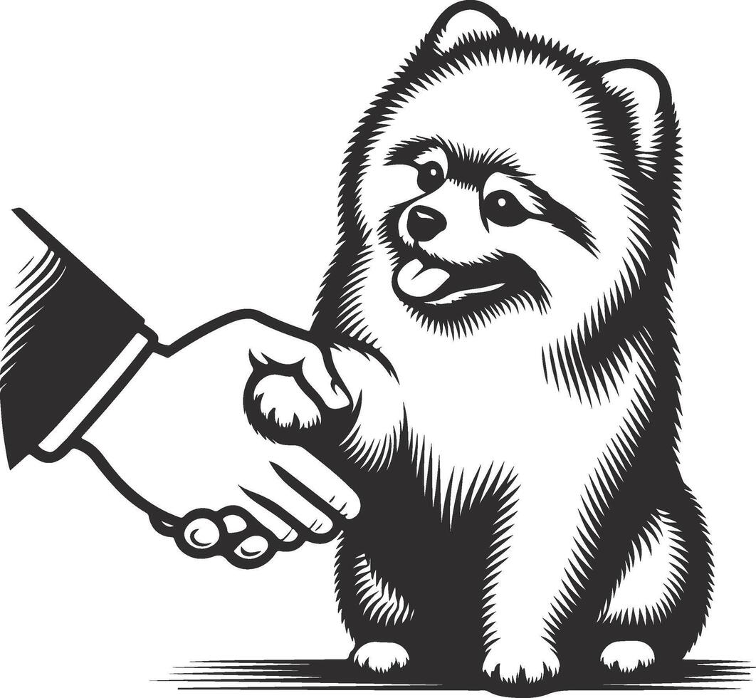 A black and white illustration of a dog shaking hands with a man vector