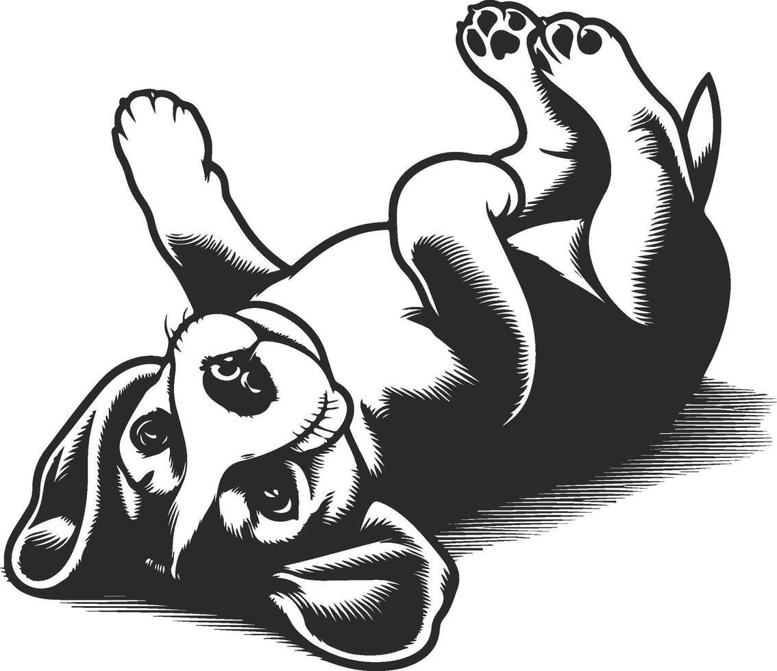 A black and white drawing of a dog laying on its back vector