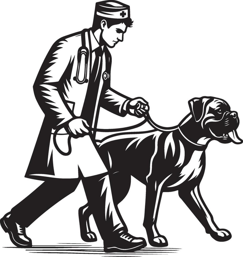 A man in a lab coat walking his dog vector
