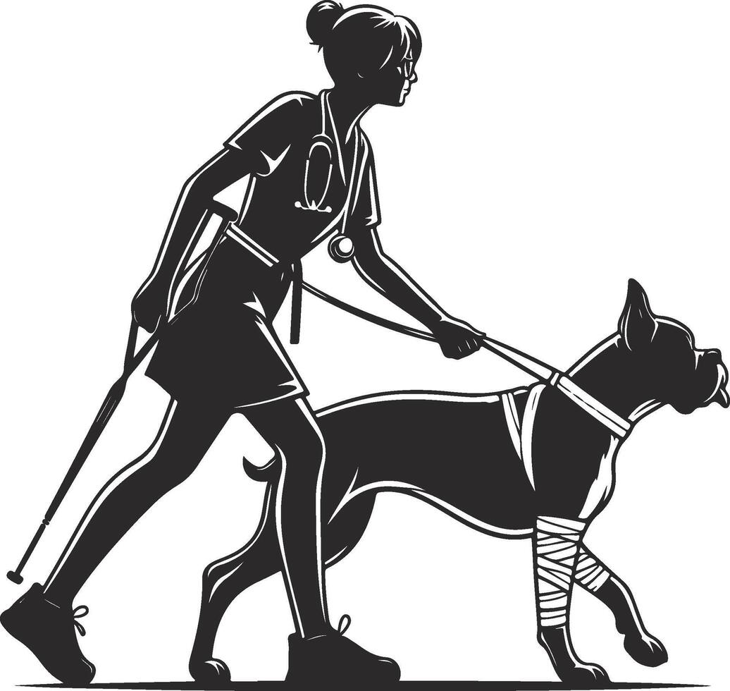 A silhouette of a woman walking a dog with a stick vector