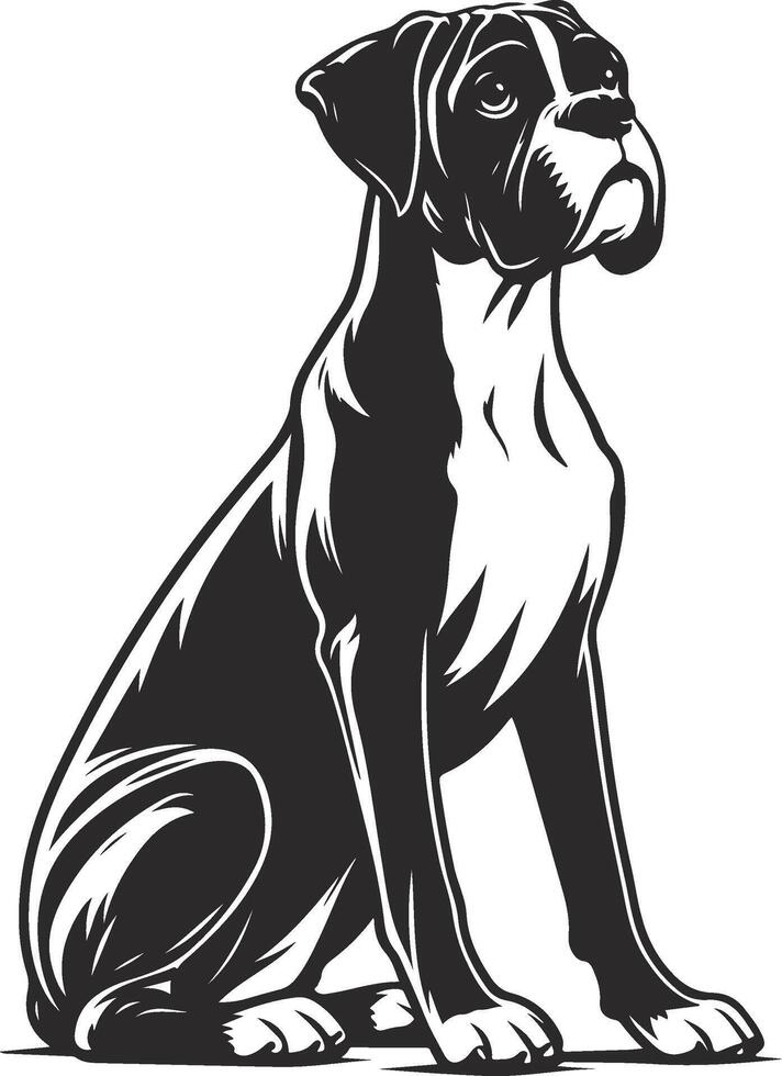 A black and white boxer dog sitting down vector
